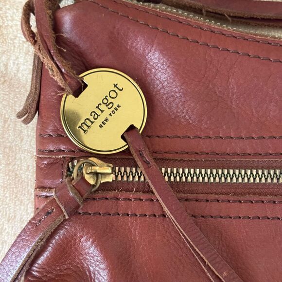 Margot NY Mary Scoop Crossbody Leather Purse Double Zipper Brandy Brown - Picture 3 of 13